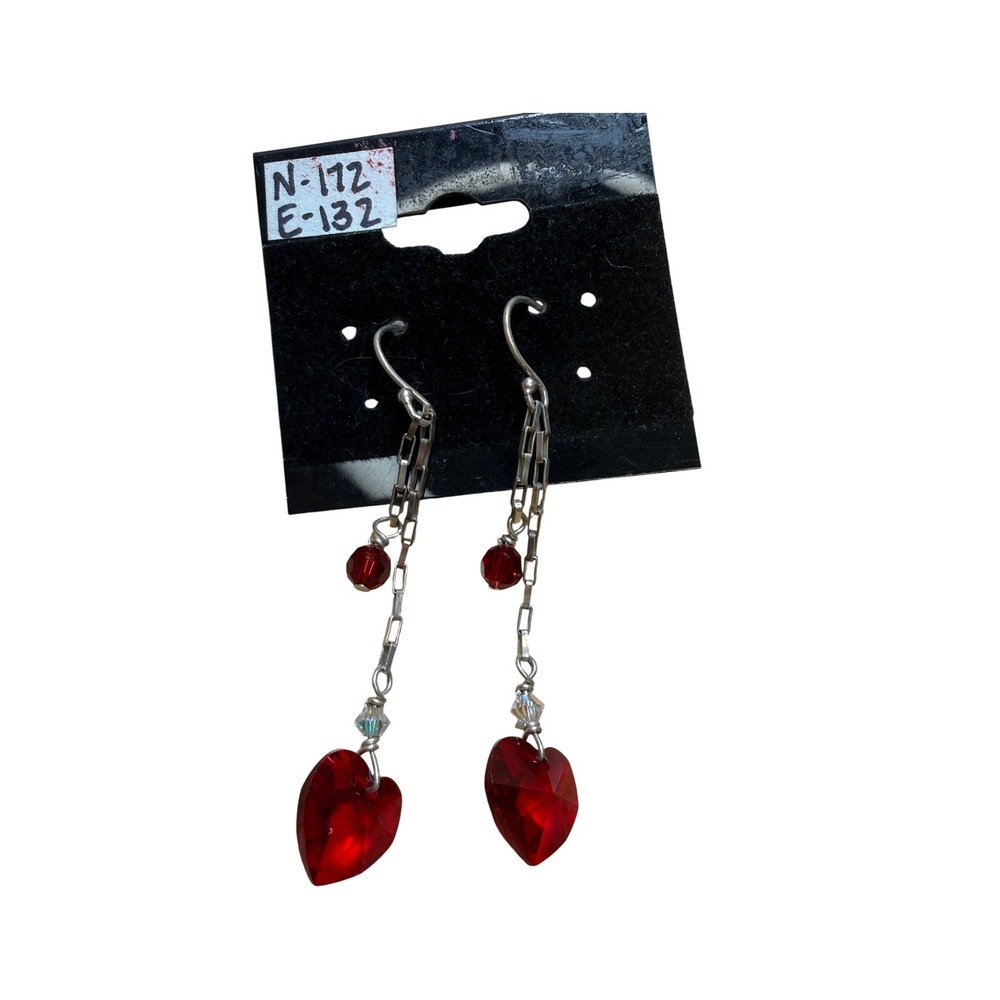Romantic Coquette Red Crystal Heart Dangle Earrings Y2K Aesthetic Unbranded